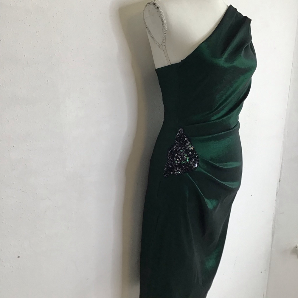 XSCAPE by Joanna Chen Women Elegant Dark Emerald Green One Shoulder Dress Sz 10 - Picture 4 of 14